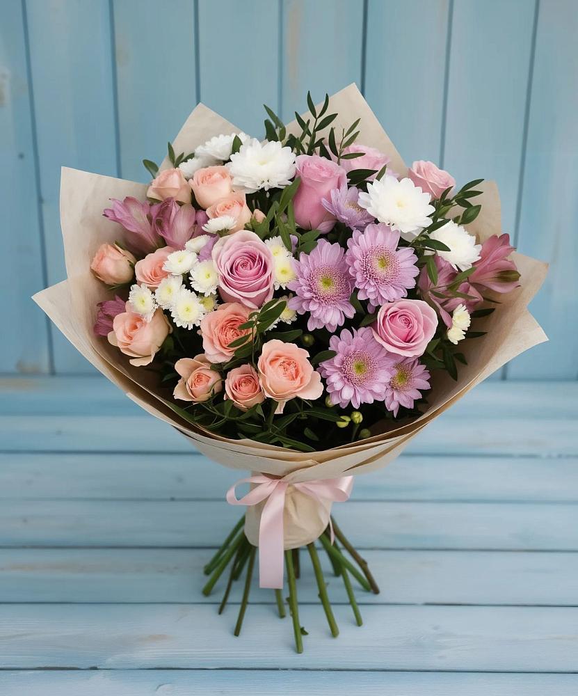 Букет цветов из: Хризантемы, Розы и Альстромерии в Новосокольниках
