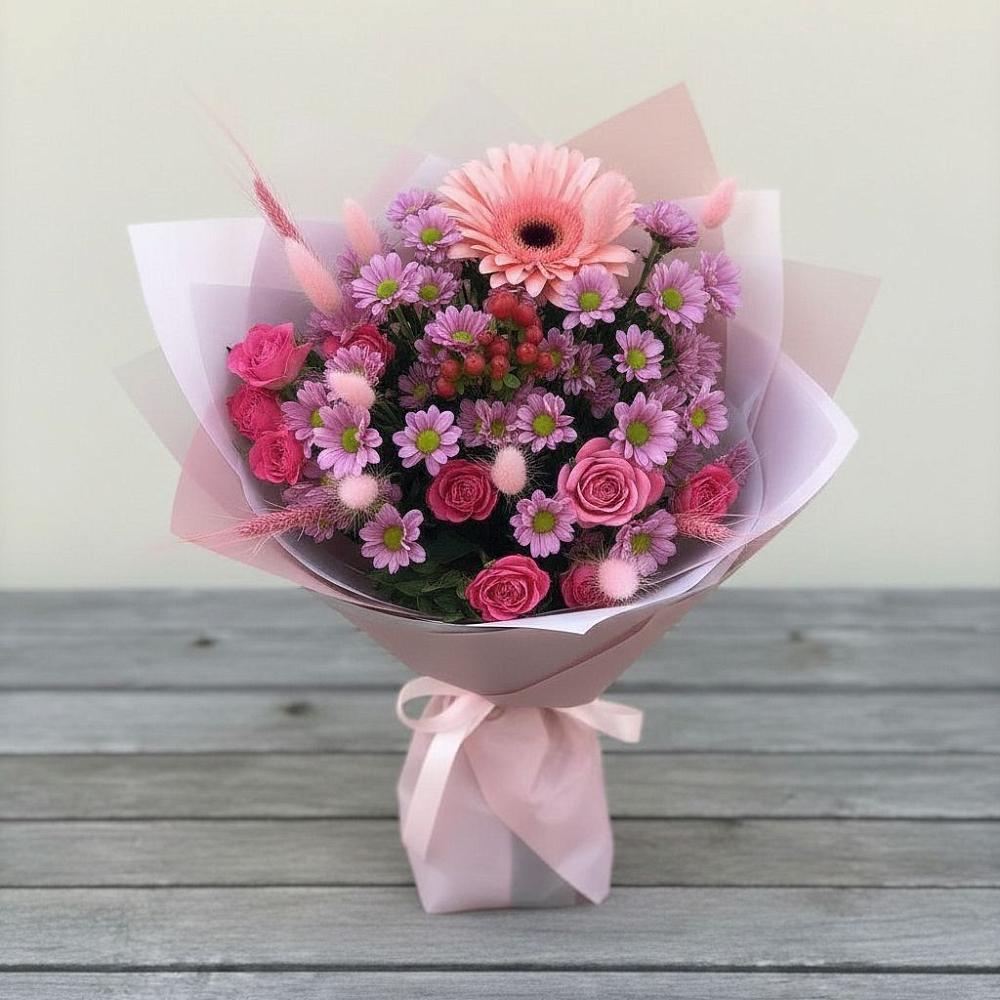 Букет цветов из: Розы, Герберы и Хризантемы в Новосокольниках