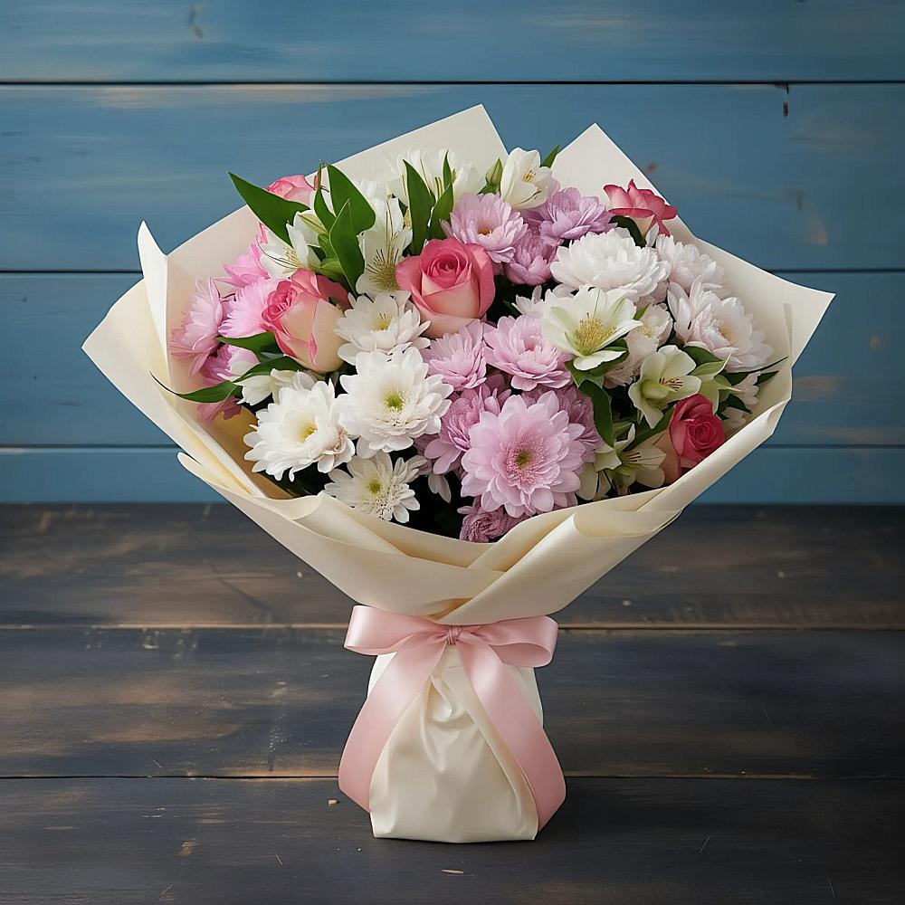 Букет цветов из: Хризантемы, Альстромерии и Розы в Новосокольниках